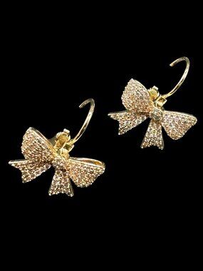 Gold Tone Bow Pierced Earrings with Clear Glass Rhinestones Lightweight